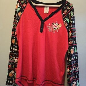 Red Holiday Christmas Disney Snow Much Fun Mickey Mouse Shirt Top Long Sleeve